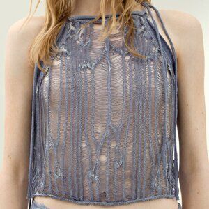 Hm Studio Collection Tie Strap Knitted Top Linen Blend Dusty Blue Large